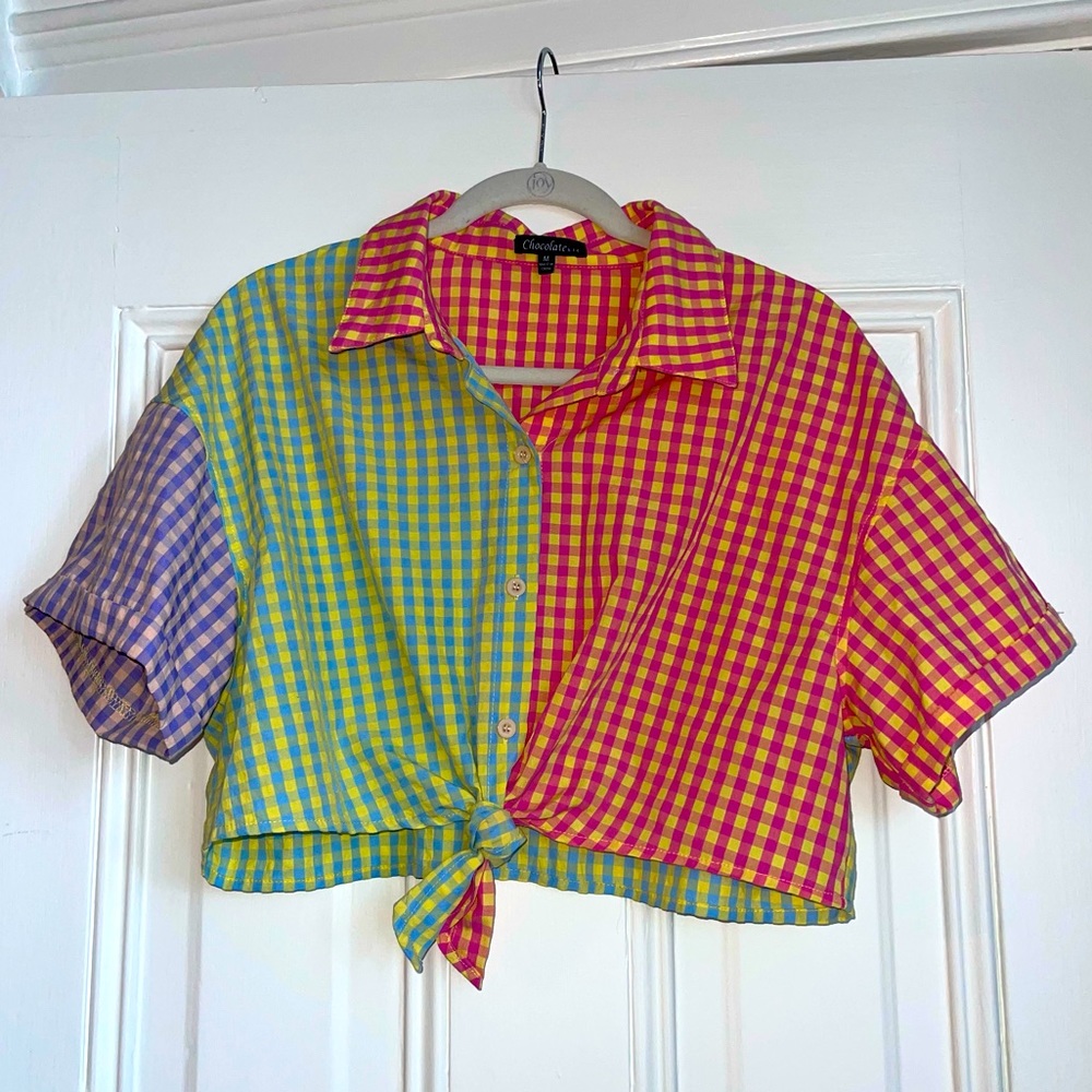 Multicolor Gingham Front-Tie Cropped Shirt from Chocolate USA